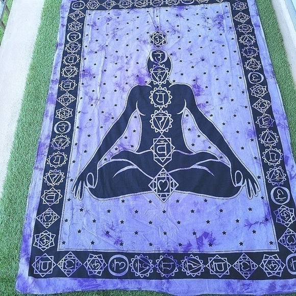 Boho Bed Cover Wall Tapestry Purple black Seven Chakras Indian Block Print - Picture 3 of 5